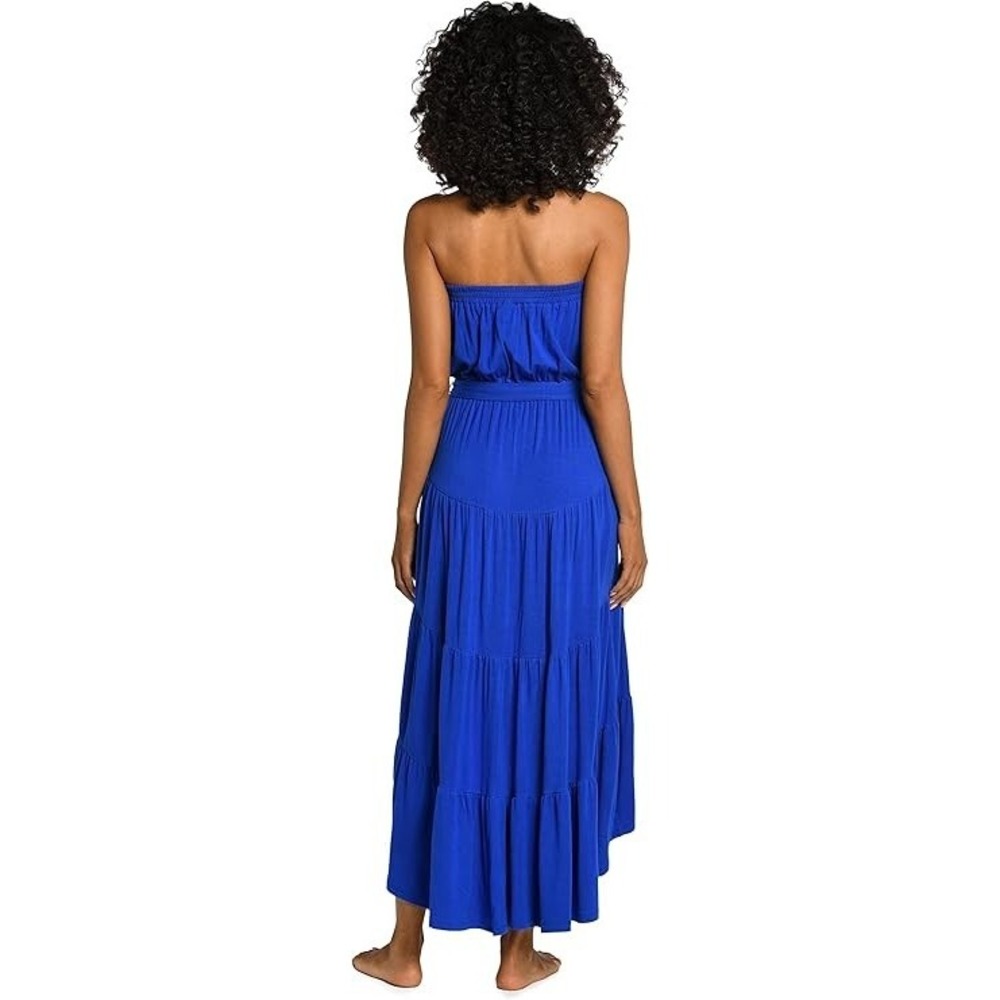 La Blanca Draped Darling Strapless Midi Dress XL Blue Tiered Swimsuit Cover Up - Picture 3 of 10